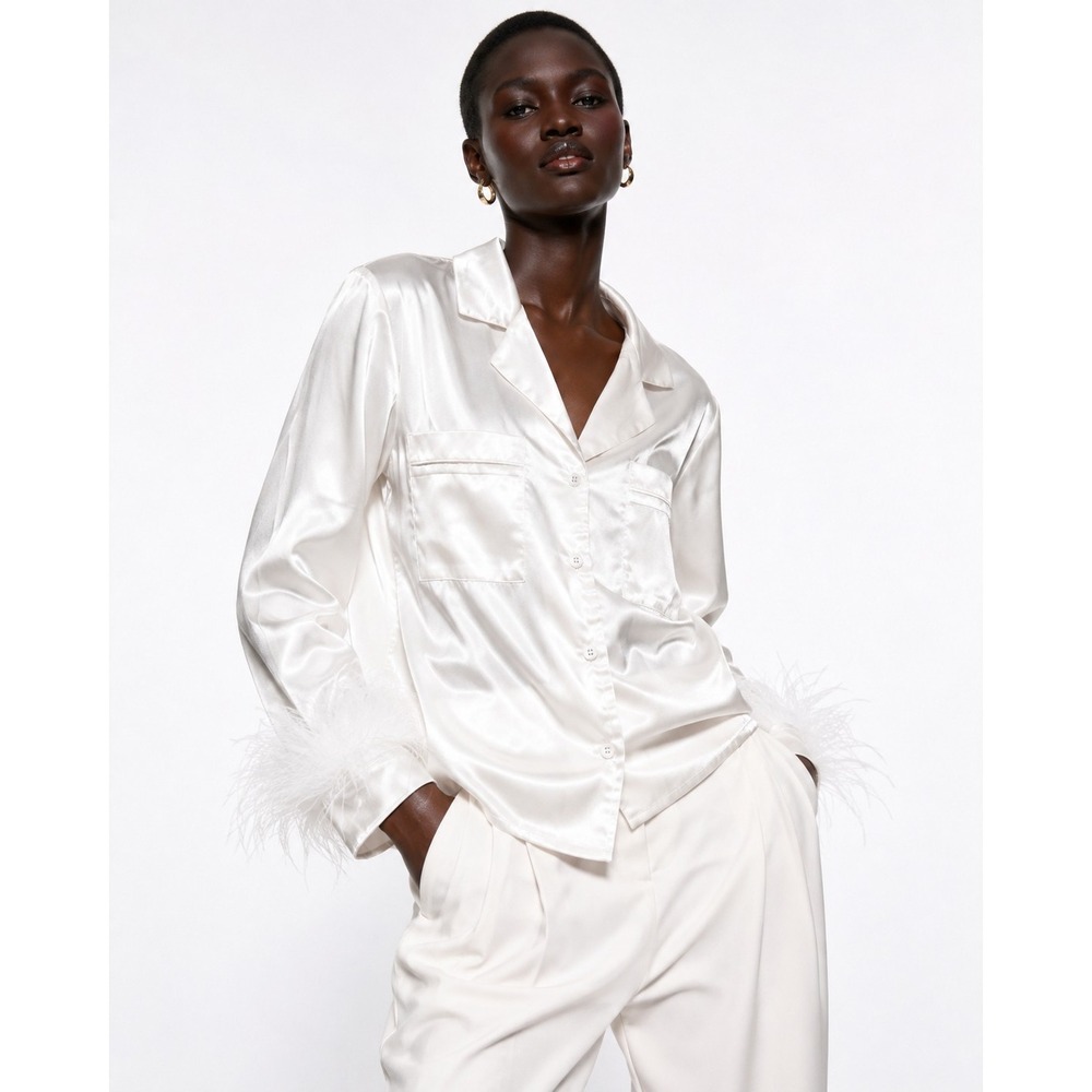 Ivory Satin Feather Trim Button Up Blouse Notch Collar Pajama Style Shirt L